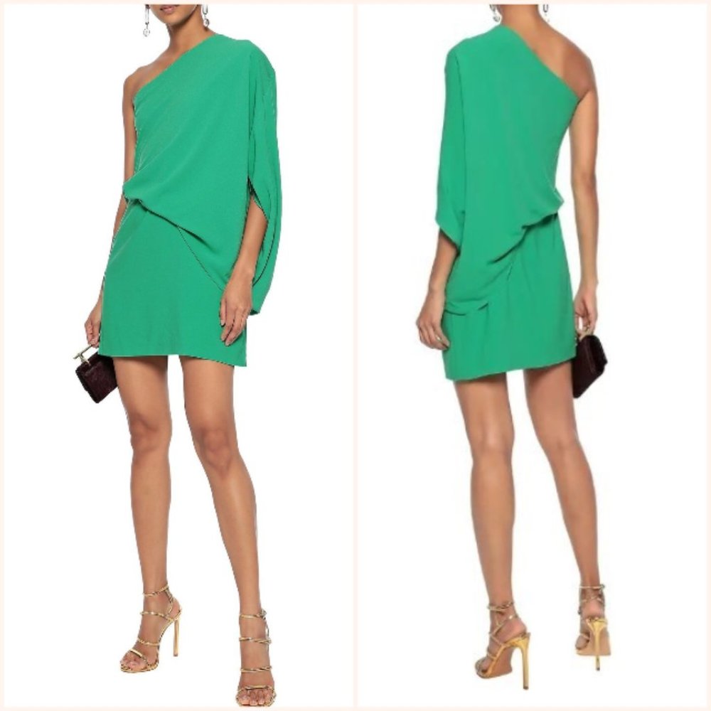 Halston Heritage One-Shoulder Layered Crepe Mini Dress Jade Green Size 2
